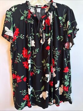 Old Navy Floral Tie-Neck Blouse — Black with Red & White Flowers Size XL